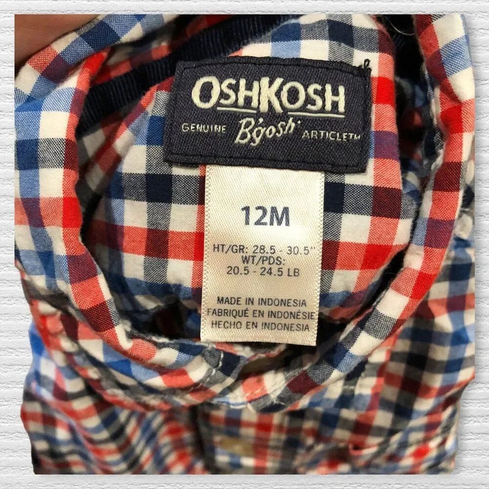 Oshkosh 12m Baby Polo Bodysuit Plaid Red White Blue Button Up